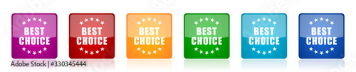 Best choice icon set, colorful square glossy vector illustrations in 6 options for web design and mobile applications
