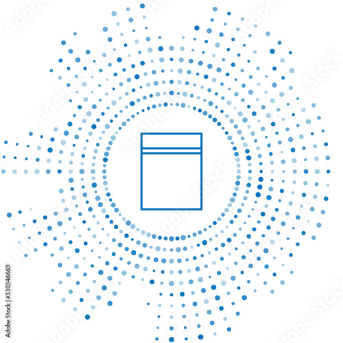 Blue line Plastic bag with ziplock icon isolated on white background. Abstract circle random dots. Vector Illustration