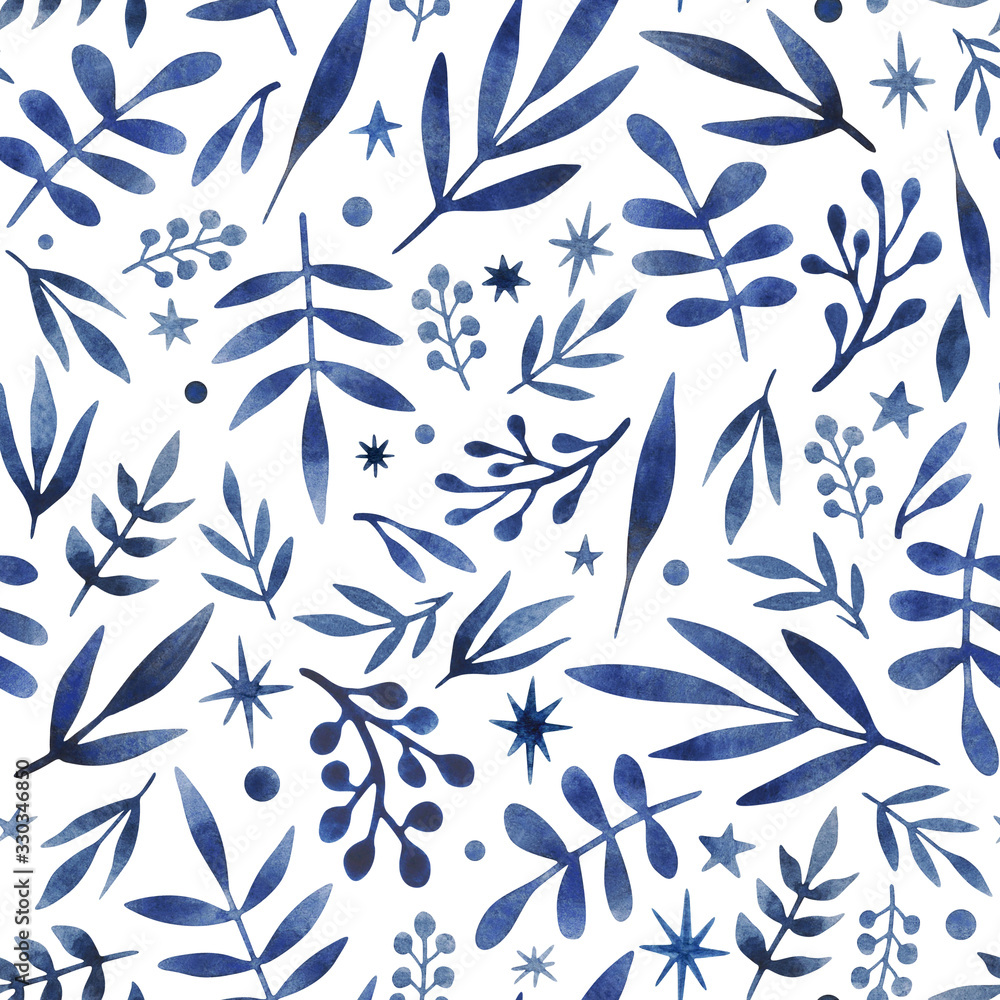 Fototapeta Seamless watercolor pattern with blue leaves and branches. Background with nature elements and stars for textile, wrapping, covers, decoration.