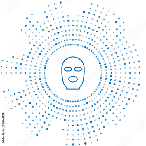 Blue line Thief mask icon isolated on white background. Bandit mask, criminal man. Abstract circle random dots. Vector Illustration