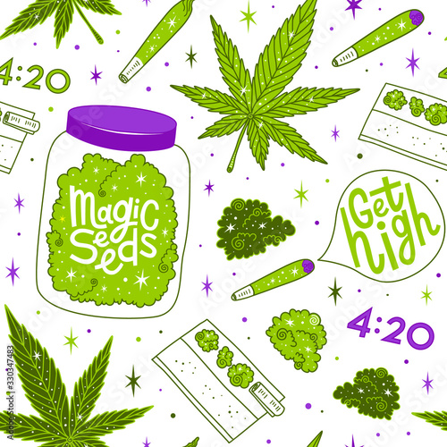 Marijuana seamless vector pattern. Drug consumption, cannabis and smoking drugs. Get high. Magic seeds lettering. Fun doodle illustration of smoking equipment. photo