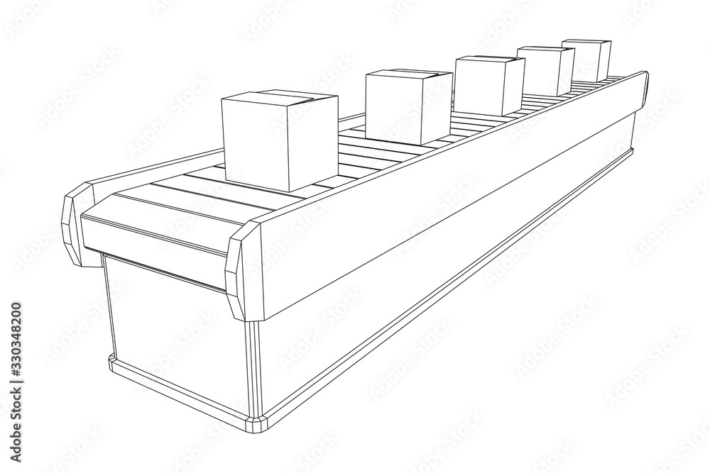 Conveyor belt section with pack boxes. Factory production equipment. Wireframe low poly mesh vector illustration Conveyor belt section with pack boxes. Factory production equipment. Wireframe low poly mesh vector illustration