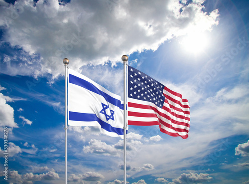 United States of America vs Israel. Thick colored silky flags of America and Israel. 3D illustration on sky background. – Illustration