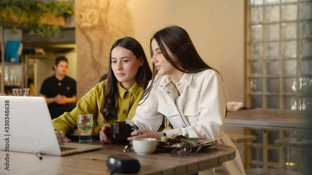 Two young brunette doing online purchase on laptop Two young brunette doing online purchase on laptop