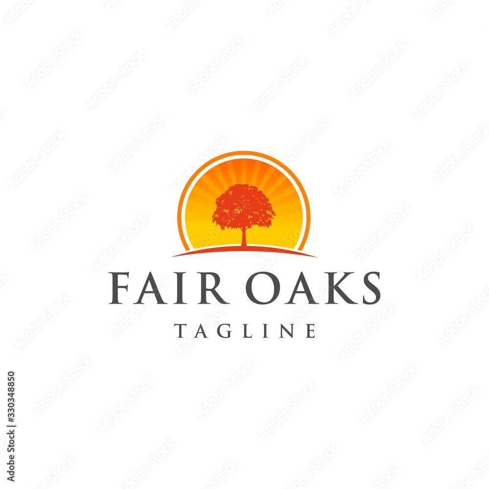 landscape logo design and oak tree vector illustration