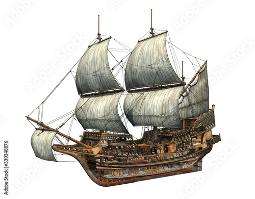 Golden Hind galleon cutaway 3d illustration. photo