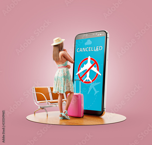 Unusual 3d illustration of a young man standing in front of smartphone