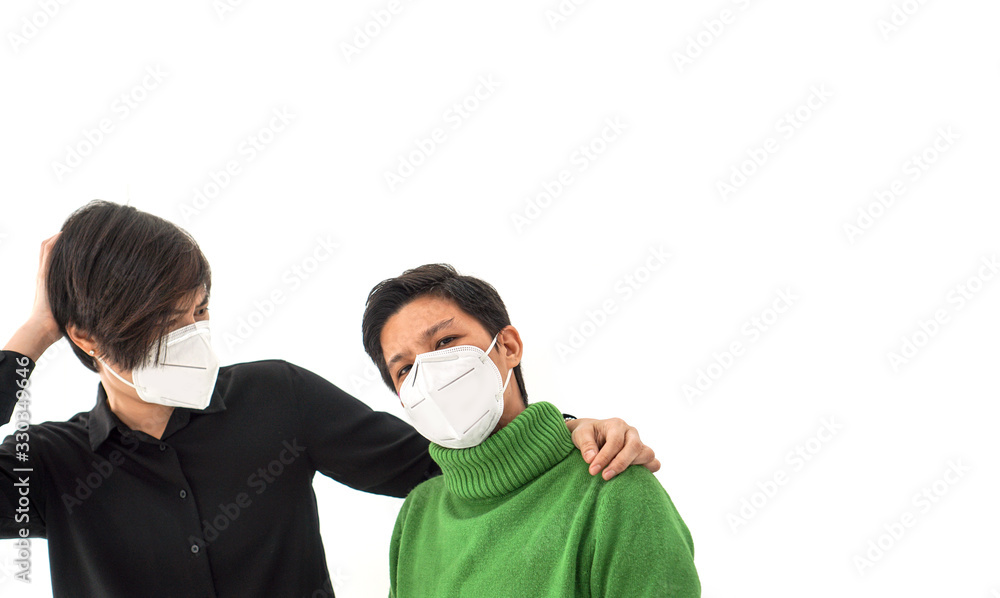 Two Asian friends wearing mask stress angry and annoy with Covid-19 and pollution situation many problems Two Asian friends wearing mask stress angry and annoy with Covid-19 and pollution situation many problems