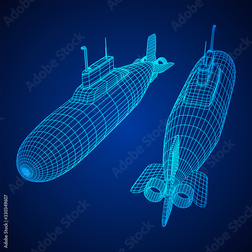 Military atomic submarine underwater boat. Wireframe low poly mesh vector illustration