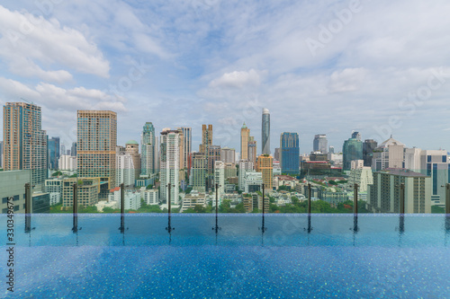 Infinity Pool In Bangkok Luxury Hotel Resort Against Cloudy Sky and City Skyline