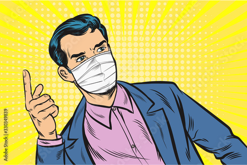 Business people wear masks to protect against infection, point the finger up. Pop art retro vector illustration