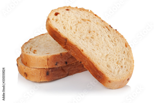 Three slices of white bread on a white background.