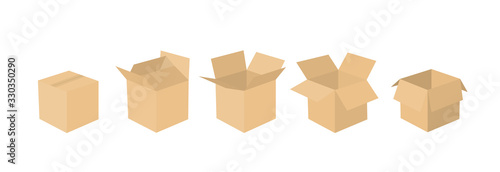 A set of open and closed boxes in different angles. Isometry in perspective. Vector illustration. Carton delivery packaging open and closed box. Cardboard box mockup set.