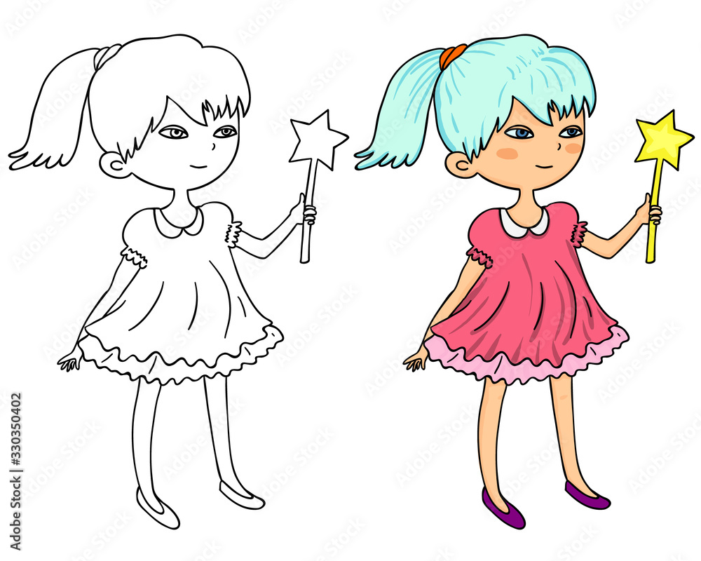 Coloring book, cute girl with a magic wand with an example of coloring. Coloring book, cute girl with a magic wand with an example of coloring.