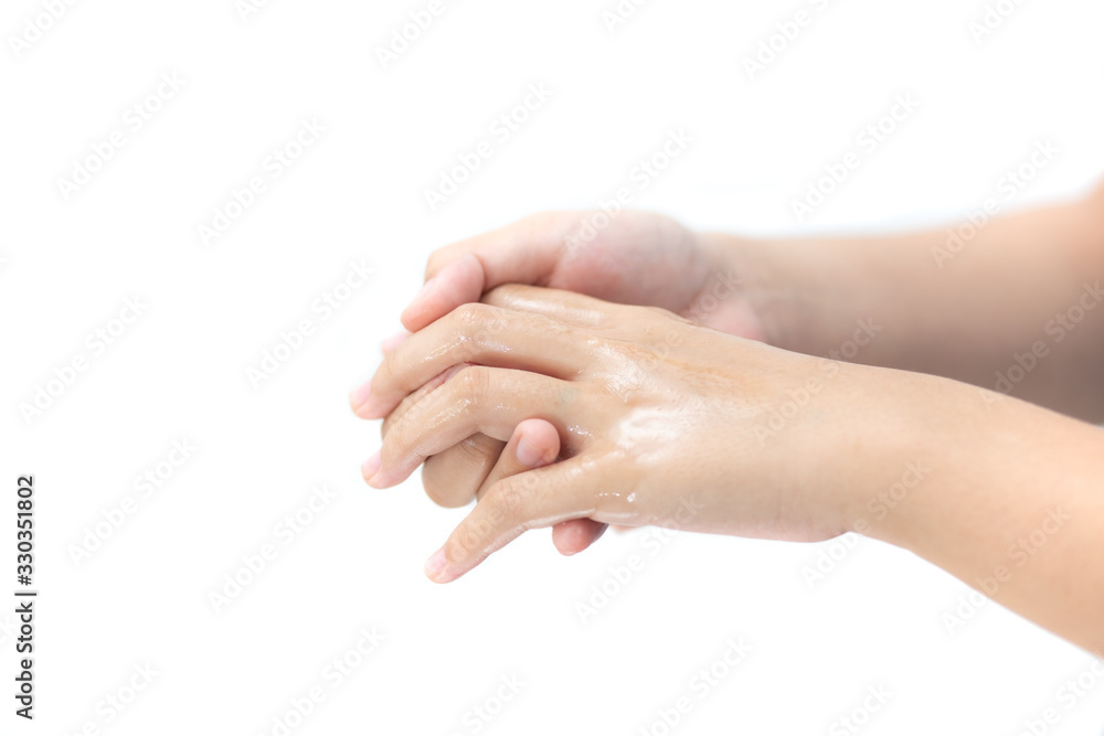 Washing Hands, Human Hand isolated on white background.