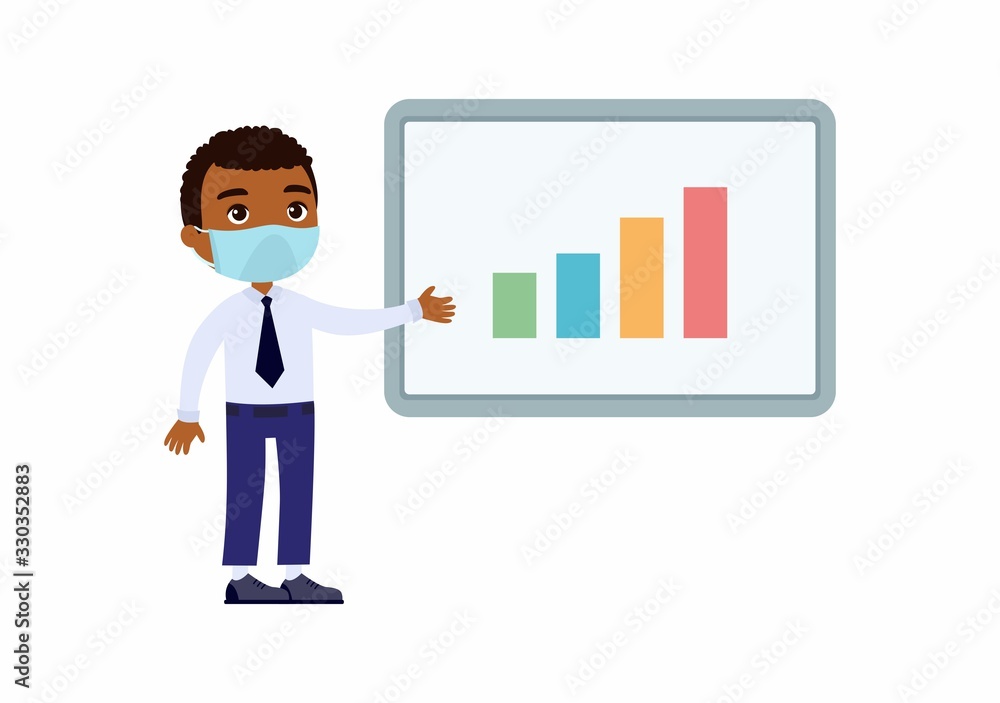 Dark skin man in an office suit points to a demo board with graphs. Character with a protective mask on his face. Virus protection, allergies concept. Vector illustration on a white background. Dark skin man in an office suit points to a demo board with graphs. Character with a protective mask on his face. Virus protection, allergies concept. Vector illustration on a white background.