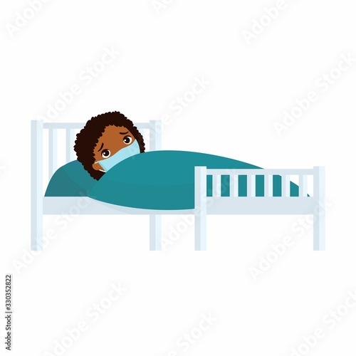 Sick girl with medical mask in hospital bed flat vector illustration. Child with virus disease  cartoon character.  Kid with cold. Patient relaxing under blanket isolated on white background