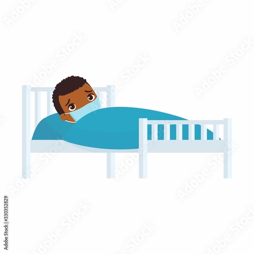 Sick little boy with medical mask in hospital bed flat vector illustration. Child with viral disease  cartoon character.  Kid with cold. Patient relaxing under blanket isolated on white background