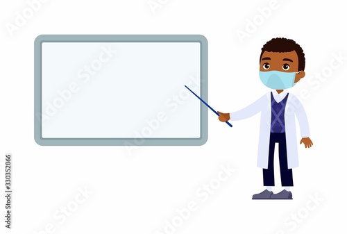 Dark skin male doctor point to a blank medical demonstration board. A doctor in a white coat, a character with a protective mask on his face. Virus protection, allergies concept. Vector illustration