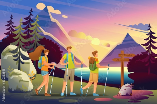 Young people are engaged in active walking, Nordic walking in the woods. Flat 2D character. Concept for web design
