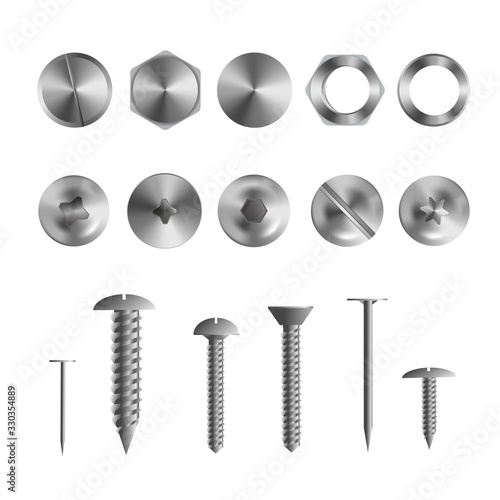 3d realistic illustration of stainless steel bolts, nails and screws on white background.