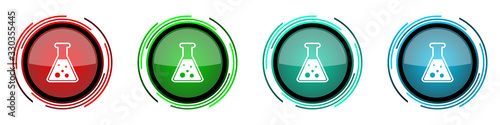 Science, laboratory, chemistry round glossy vector icons, set of buttons for webdesign, internet and mobile phone applications in four colors options isolated on white background