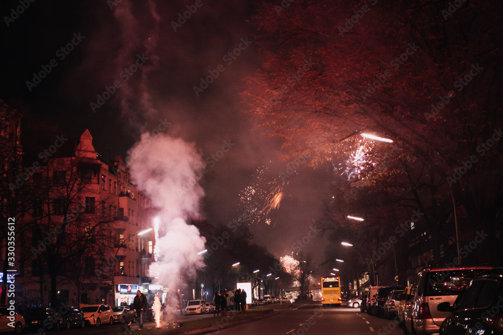 Fireworks in the streets of urban city