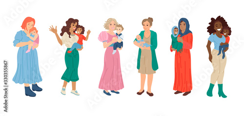 Group of mothers with babies. Vector cartoon illustration