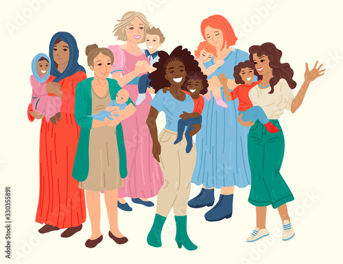 Multinational group of happy mothers hold babies in arms. Vector illustration