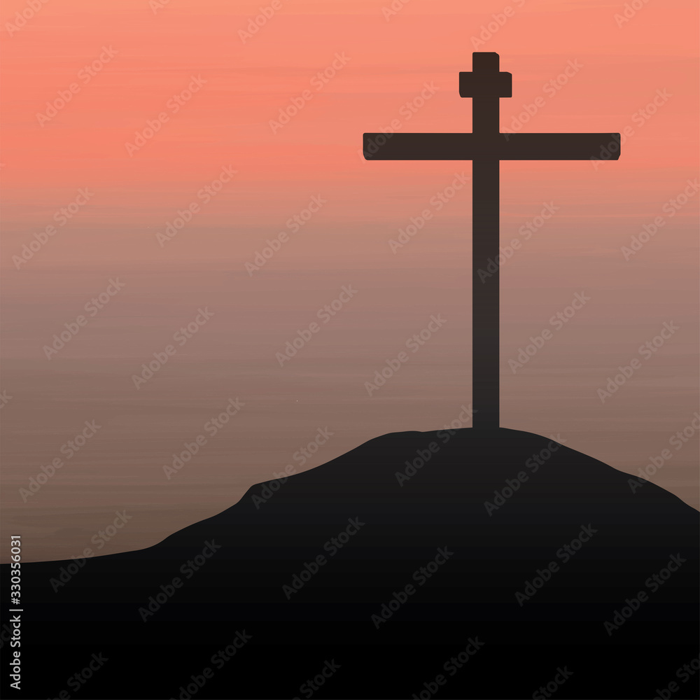 Сrucifixion silhouette in sunset. Simple and universal religious illustration