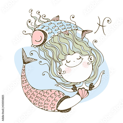 Children's zodiac. The zodiac sign Pisces. Cute little mermaid. Vector.
