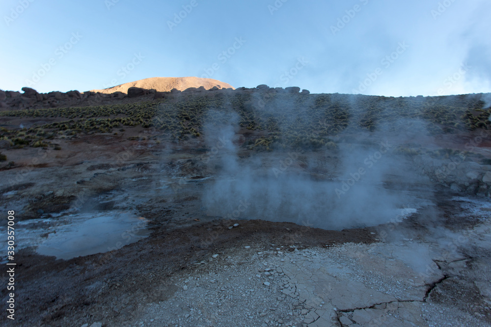 View of geyser el tatio at early morning