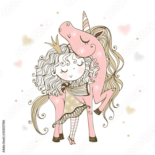 Cute little Princess with a pink unicorn. Vector.