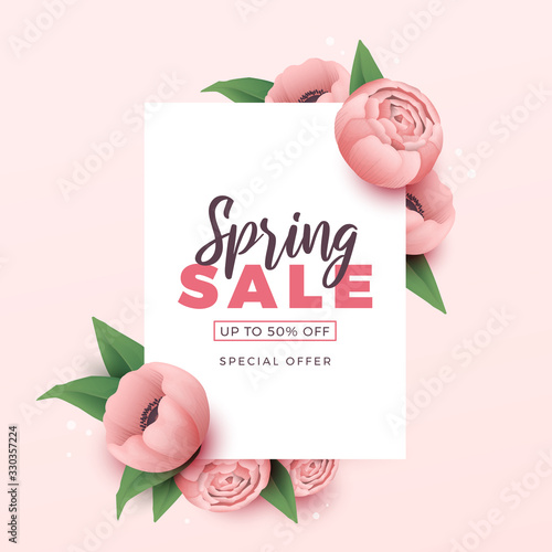 Spring sale background with beautiful flowers. Vector illustration