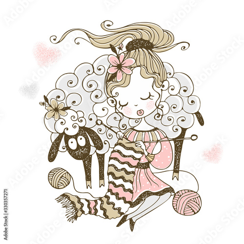 A cute girl with a lamb knits a scarf on the spokes. Vector.