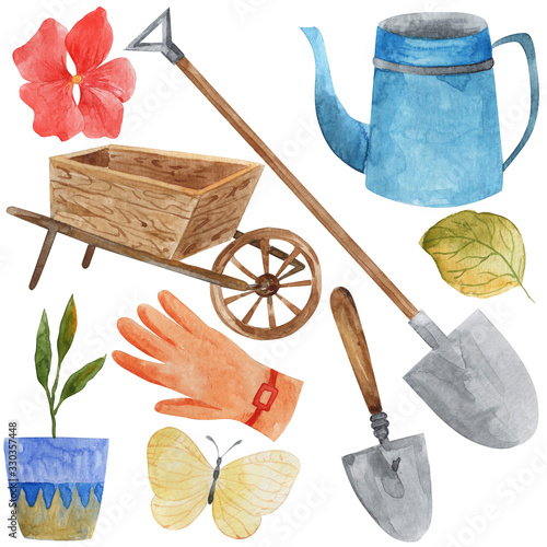 set of watercolor illustrations, garden tools, flowers, gardening, bird arrival, isolate on a white background