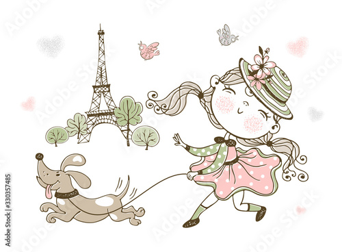 Cute little girl walking her dog in Paris. Vector.