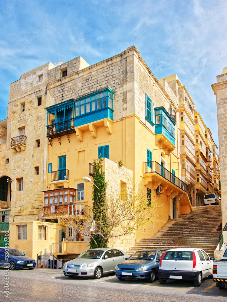 Street with staircase in old city center of Valletta
