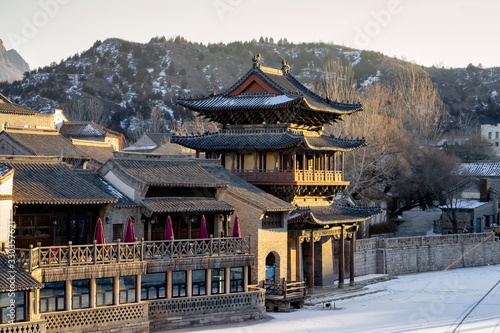 Frozen river in winter in old town at Gubei water town in Beijing,China.