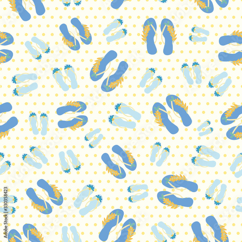 Flip flop shoe seamless vector pattern background. Pretty blue sandals with tropical flower decoration on yellow polka dot backdrop. All over print for beach wedding, honeymoon vacation resort concept