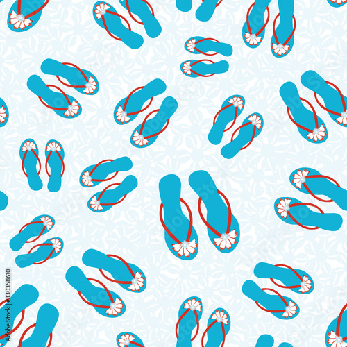 Flip flop shoe seamless vector pattern background. Pretty sandals with tropical flower decoration beach wedding backdrop. Hues of ocean blue. All over print for honeymoon, vacation resort concept