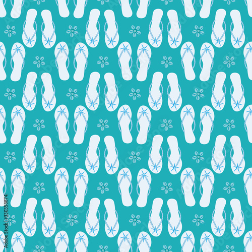 Flip flop shoe seamless vector pattern background. Pretty sandals geometric design beach wedding backdrop. Monochrome ocean blue. All over print for honeymoon, vacation resort concept