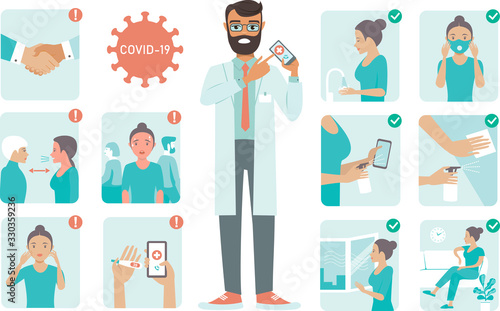 covid-19 virus protection tips. Doctor character pointing on phone screen. Coronovirus alert. 