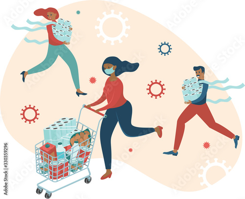  Terrified people buying all groceries they can find in supermarket. COVID-19 concept