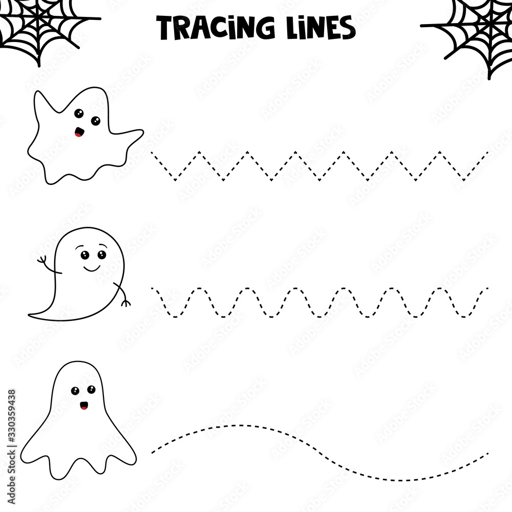 Educational worksheet for kids. Halloween games, tracing lines with ghosts. Handwriting practice.
