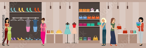 Shop women's clothing and shoes. Shopping center. Supermarket