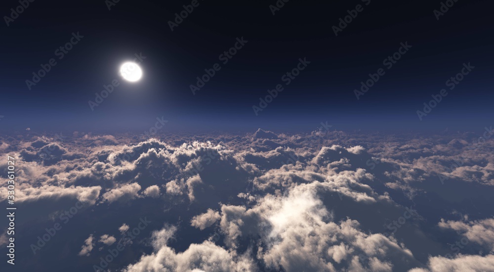 View over the clouds, panorama of clouds at sunset, sky with clouds and the sun view from above, 3D rendering