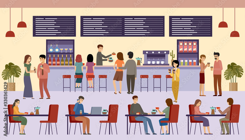 People in a cafe. Lunch break. Beverages. Coffee time. People in a cafe. Lunch break. Beverages. Coffee time.