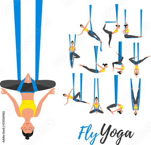 Beautiful girl wearing sportswear doing fly yoga stretching exercises. Anti-gravity relaxing and practicing aerial yoga. Sport healthy lifestyle and fitness training vector illustration.