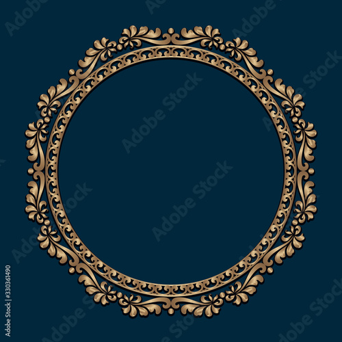 Vintage gold round frame with border scroll pattern. Ornate golden label on dark blue background. Circle picture frame in baroque style. 
